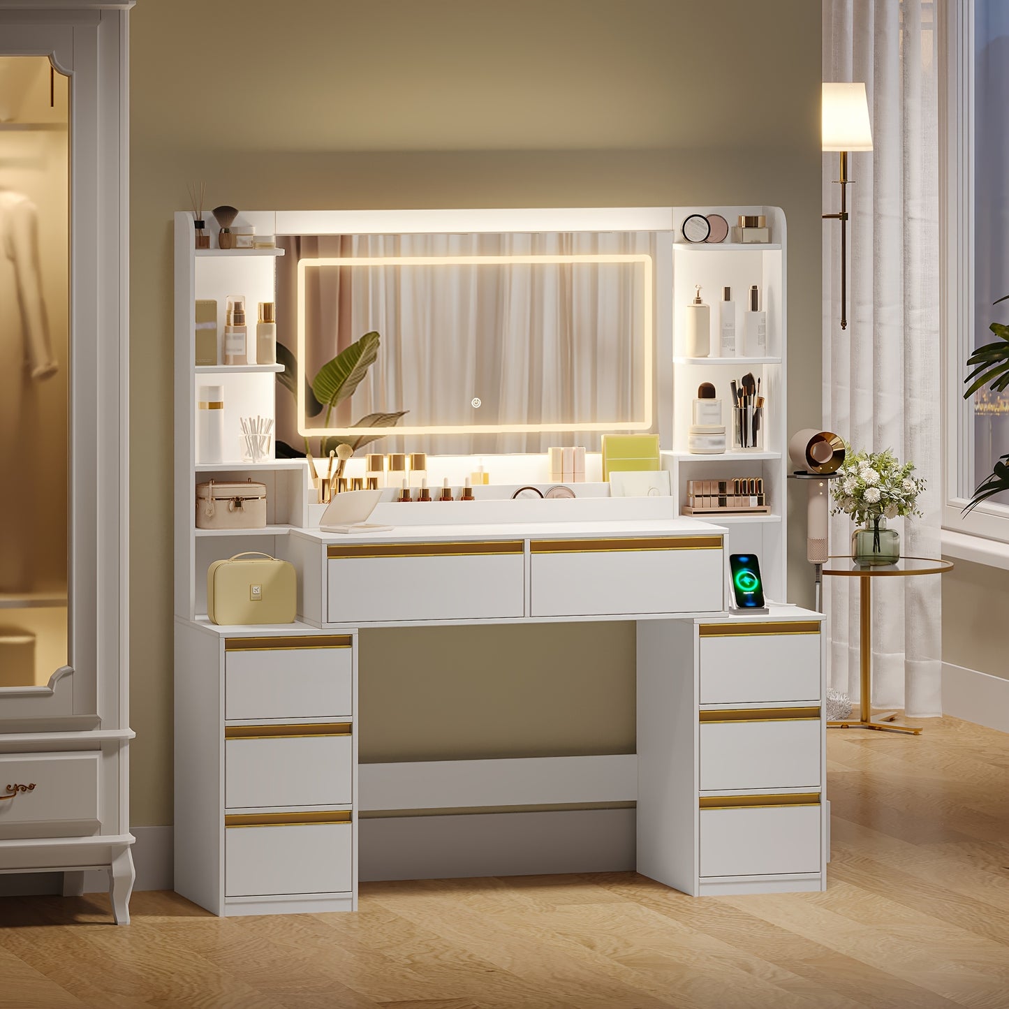 Kaptafel – Make-up Tafel – Opmaaktafel – Beautytafel – Cosmeticatafel – Grote Spiegel – Haardrogerhouder – 8 Lades – Hout – Modern Wit – 135x40x145 cm