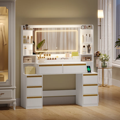 Kaptafel – Make-up Tafel – Opmaaktafel – Beautytafel – Cosmeticatafel – Grote Spiegel – Haardrogerhouder – 8 Lades – Hout – Modern Wit – 135x40x145 cm