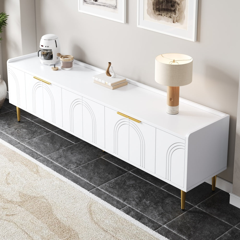TV Cabinet | Low Unit with Textured Doors, Golden Handles, and Golden Feet | Optimal Storage for Audio-Visual Equipment, Games Consoles, Books, or Decorative Items | Keeps Belongings Efficiently Organized and Tidy | Metal Mat