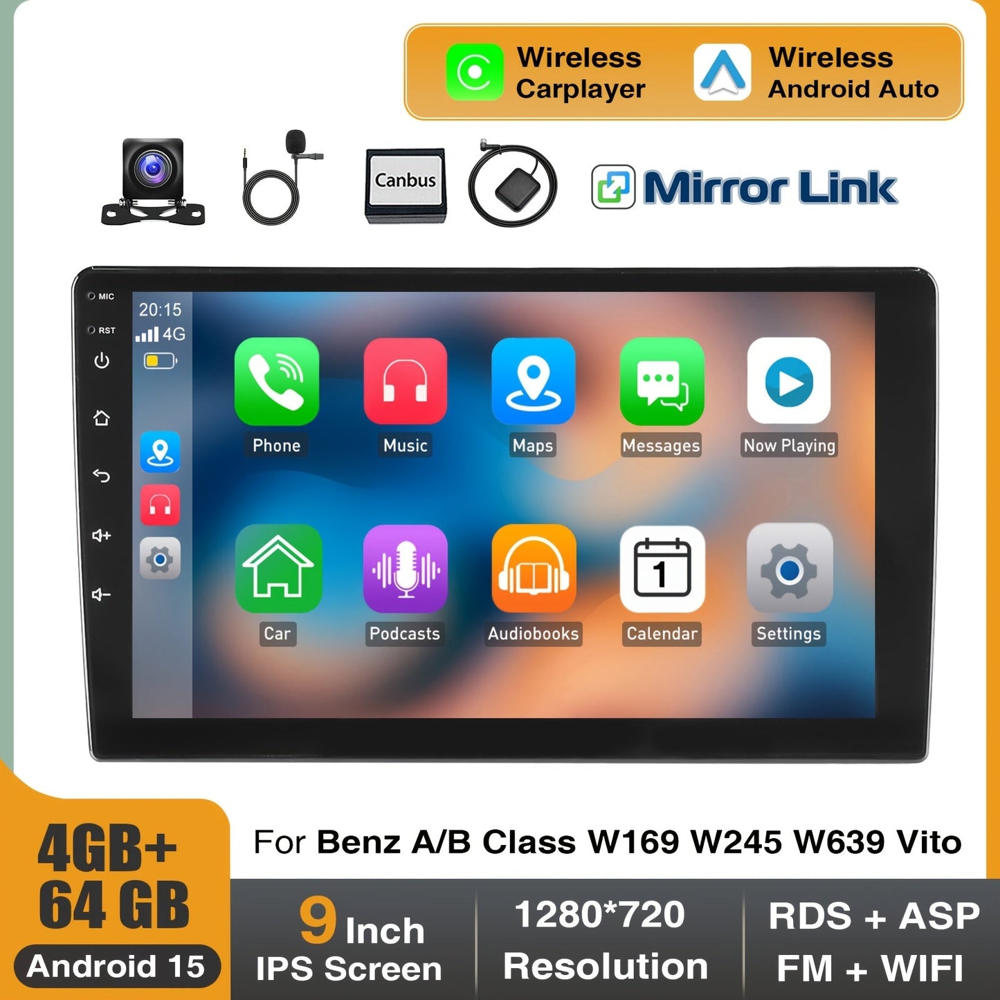 Android Autoradio – Multimedia Speler – Auto Headunit – Touchscreen Radio – Navigatie Systeem – 9 Inch IPS Scherm – Draadloze CarPlay & Android Auto – Inclusief AHD Achteruitrijcamera & Microfoon
