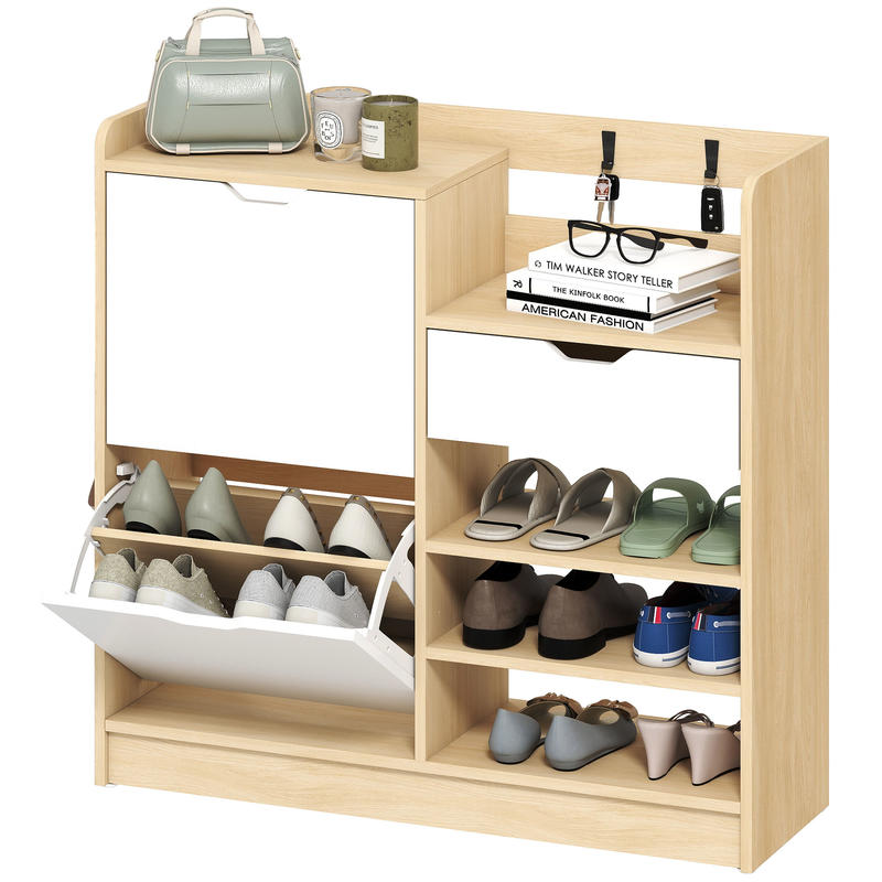 Schoenenkast – Schoenenrek – Schoenopberger – Schoenmeubel – Schoenentoren – Kiepbare Laden – 14 Paar Schoenen – Natuurlijke Houten Look – 4 Haken – Open Planken