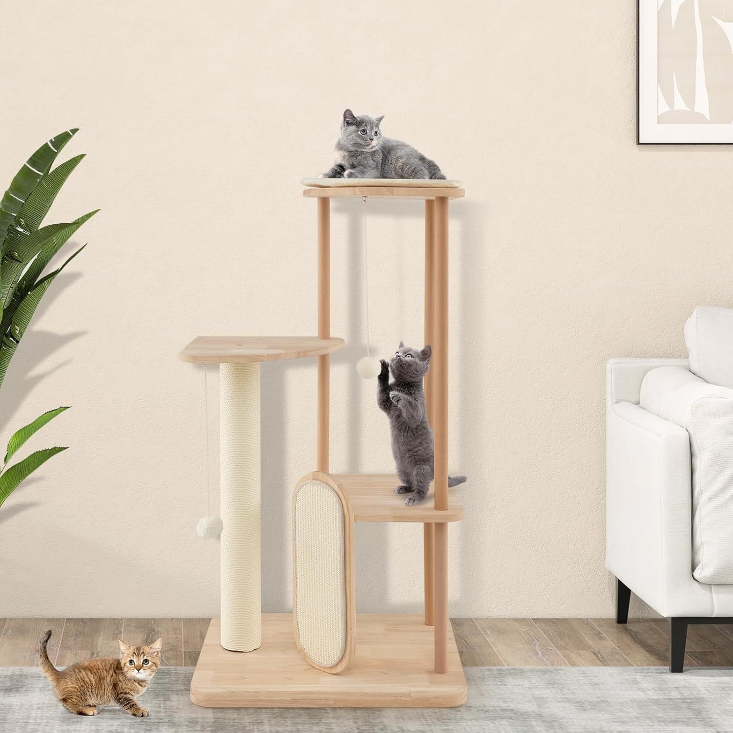Krabpaal – Kattenboom – Krabmeubel – Kattenhuis – Kattenmand – 4 Lagen – Rubberhout & Sisal – Compact 59x47x112 cm