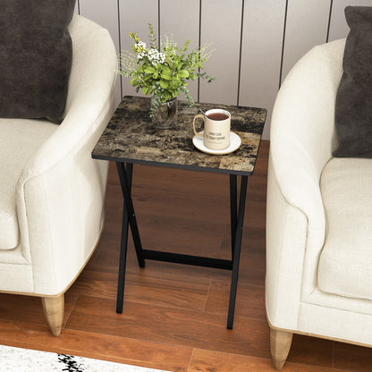 Dienbladtafel – Bijzettafel – Butlertray – Opklapbare Tafel – Serveertafel – Set Van 5 – Rubberhout Met Opbergrek – Inclusief Handvat