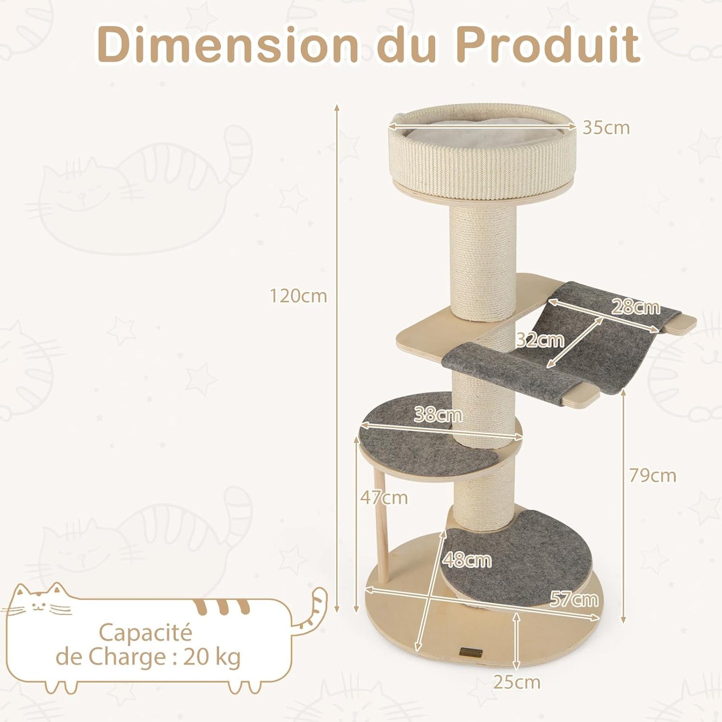 Krabpaal – Kattenkrabpaal – Kattenboom – Krabmeubel – Kattenhuis – Houten Krabpaal Met Hangmat – Dikke Sisal Krabpalen – 120 cm Hoog – Stevige Berkenmultiplex Constructie