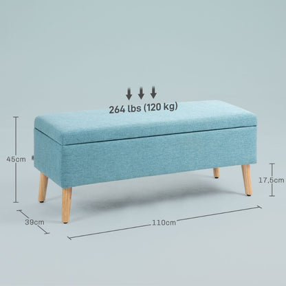 Opbergbank – Zitbank – Opbergkist – Poef – Bankje – Bekleed met Linnen Look – Afmetingen 110 x 39 x 45 cm – Rubberhout Frame – Blauw