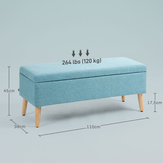Opbergbank – Zitbank – Opbergkist – Poef – Bankje – Bekleed met Linnen Look – Afmetingen 110 x 39 x 45 cm – Rubberhout Frame – Blauw