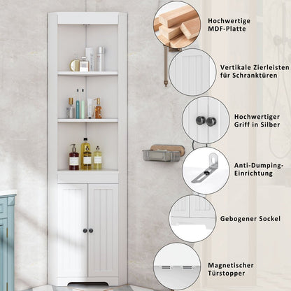Badkamerkast Hoog – Badkamermeubel – Opbergkast – Opbergmeubel – Opbergoplossing – Wit – Vochtbestendige Dubbele Deuren – 3 Open Vakken & 2 Schuifplanken