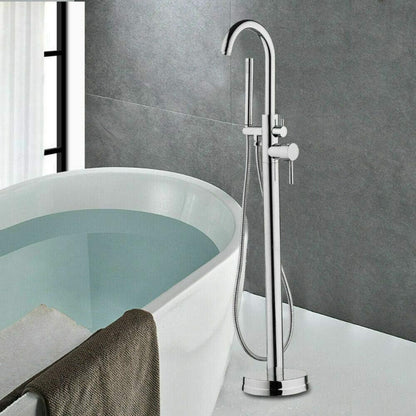Badkraan – Vrijstaande Badkraan – Badmengkraan – Douchekraan – Badkuipkraan – Chroomgekleurd Messing – Vloerbevestiging – Met Handdouche – Instelbare Hoogte 118 cm