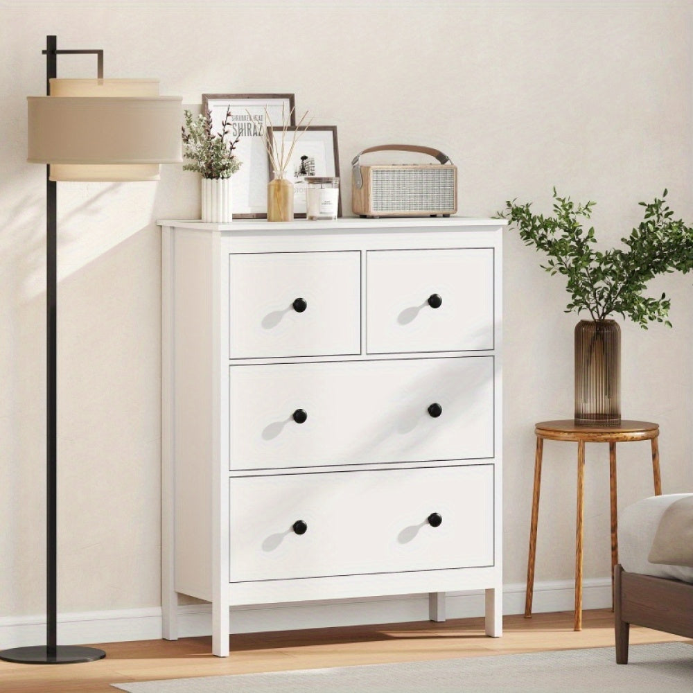 Ladenkast – Ladekast – Commode – Kast – Opbergkast – Wit met zwarte knoppen – Duurzame houten constructie – Ruime 4 laden (≥3,2 cu ft)