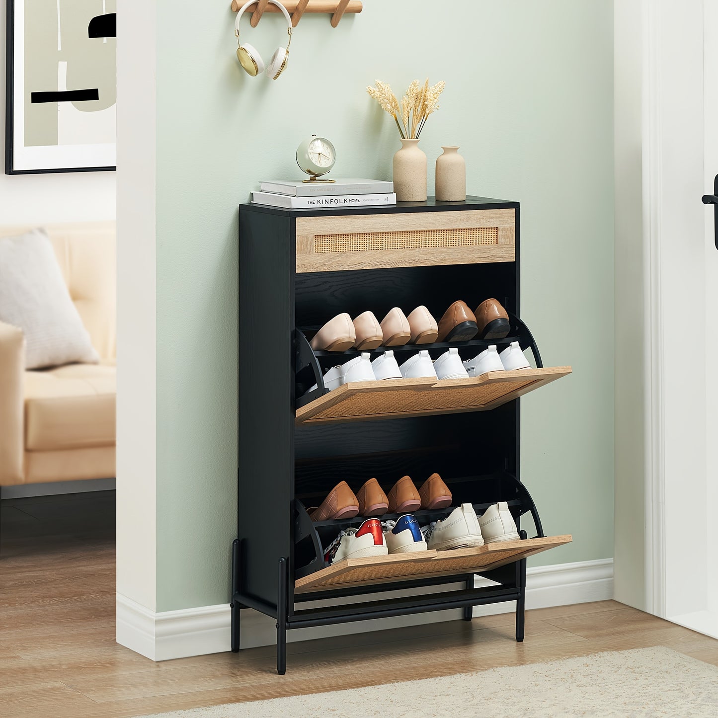 Schoenenkast – Schoenenrek – Schoenenopberger – Halmeubel – Schoenenbank – Natuurlijk Rattan – Opbergruimte voor 12 Paar Schoenen – Anti-Kantel Metalen Frame