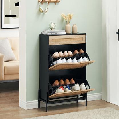 Schoenenkast – Schoenenrek – Schoenenopberger – Halmeubel – Schoenenbank – Natuurlijk Rattan – Opbergruimte voor 12 Paar Schoenen – Anti-Kantel Metalen Frame