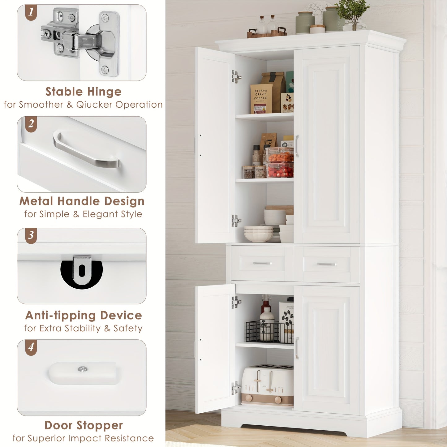 Kast – Opbergkast – Hoge Kast – Keukenkast – Dressoir – Wit – Hout – 69 cm Hoog – Ruime Indeling Met Lade en Deuren