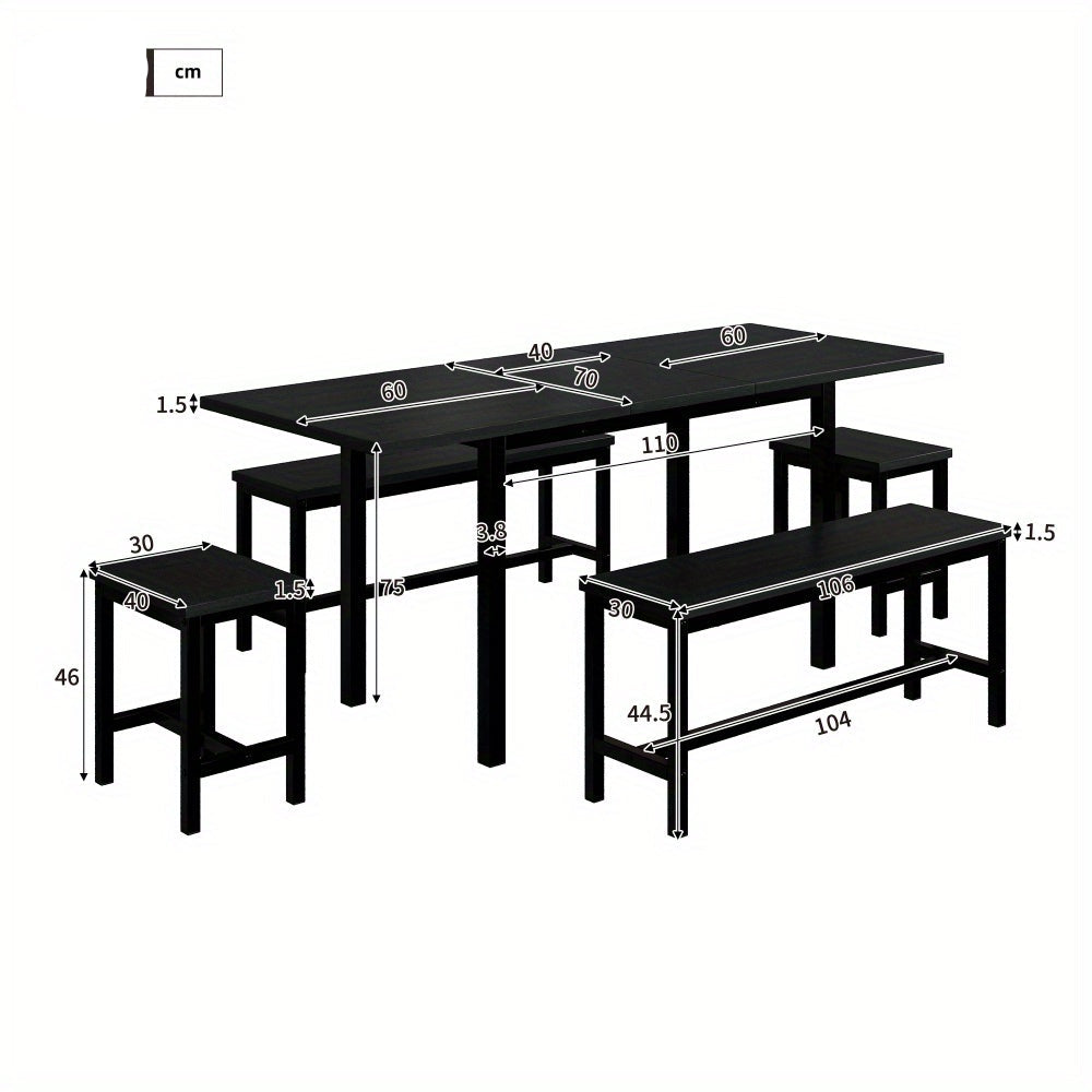 Eettafel Set – Eetkamerset – Keukentafel Set – Zitgroep – Uitschuifbare Tafel – 160x70x75 cm – Inklapbaar – Zwart – Stevig Metalen Frame – Ruimtebesparend Modern Design