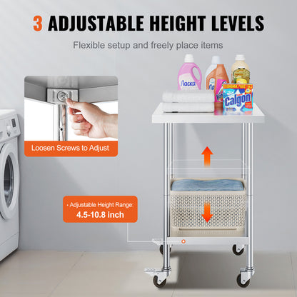 RVS Werktafel – Werkbank – Keukentafel – Inpaktafel – Werkoppervlak – Roestvrij Staal – 60x60 cm – 4 Zwenkwielen Met Rem