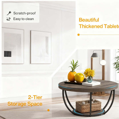 2-laags Salontafel Hout – Koffietafel Rond – Bijzettafel – Accenttafel – Opbergbank – Industrieel Design – Grijs Zwart – Ruime Opbergruimte – Stevige Metaalbasis