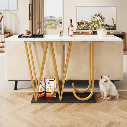 Smalle Eettafel – Smalle Tafel – Eetkamertafel – Keukentafel – Balkon Tafel – Marmerlook Tafelblad – Lettervormige Poten – Compact Design – Stevig & Stijlvol