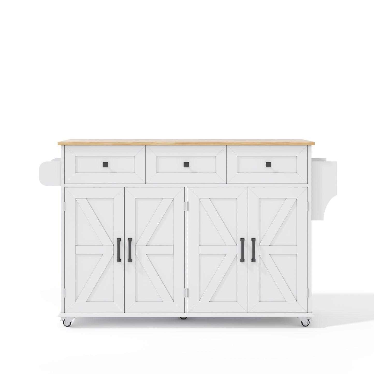 White Modern Farmhouse Kitchen Island with Fold-Down Worktop, 5 Lockable Casters, 4 Doors, 3 Drawers, Door Shelf & Double-Sided Towel Rack - Heavy-Duty Mobile Storage Cabinet with Spacious Work Surface, Barn-Style Design, Whi
