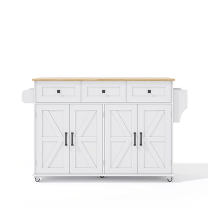 White Modern Farmhouse Kitchen Island with Fold-Down Worktop, 5 Lockable Casters, 4 Doors, 3 Drawers, Door Shelf & Double-Sided Towel Rack - Heavy-Duty Mobile Storage Cabinet with Spacious Work Surface, Barn-Style Design, Whi