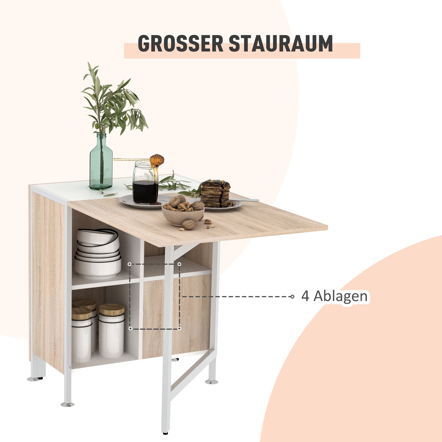 Zijdelingse Tafel – Opklapbare Tafel – Bijzettafel – Eettafel – Werktafel – Ruimtebesparend Ontwerp – MDF Tafelblad Met Eikenlook Natuurlijk Wit Frame 169x60x75 cm