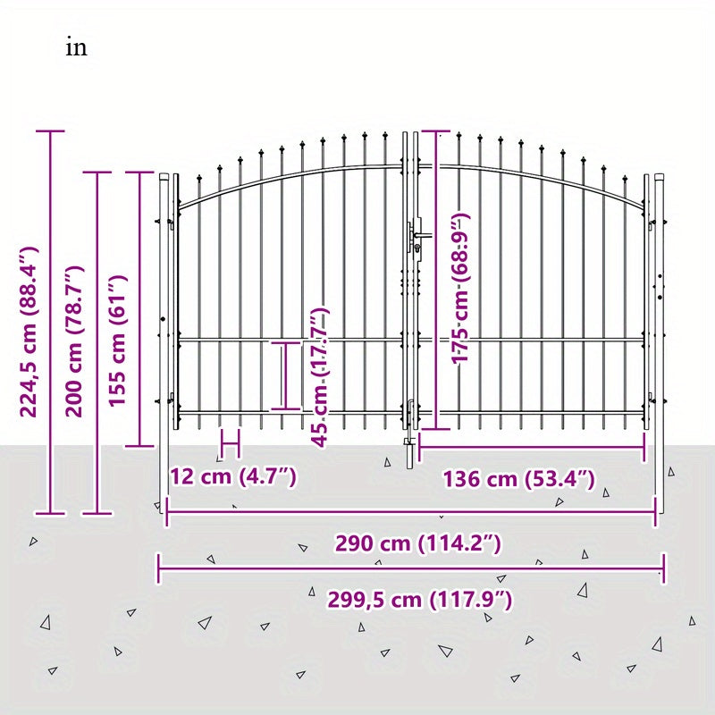 Tuinpoort – Dubbele Tuindeur – Smeedijzeren Poort – Tuinafscheiding – Hekwerk – Grijs – 175x300 cm – Stalen Puntvormige Spijlen – Dubbel Scharnierend