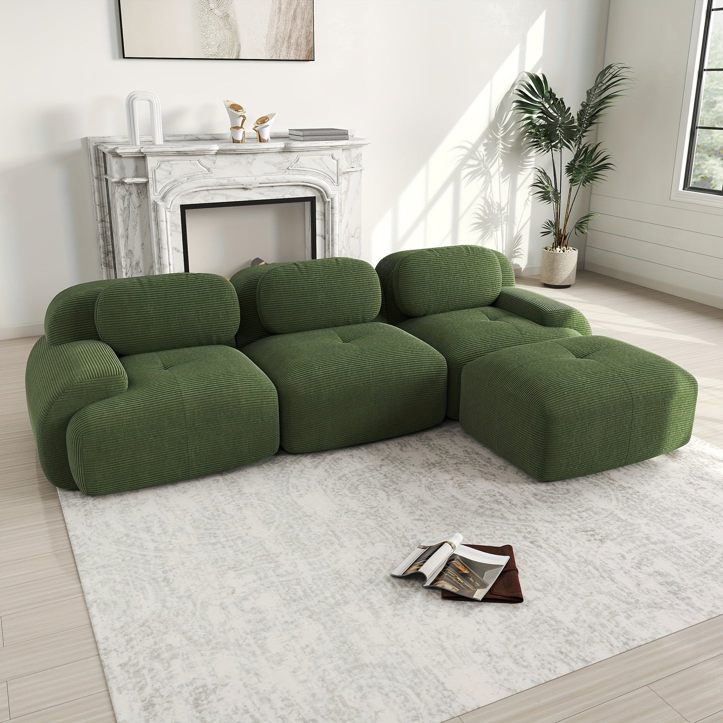 No Assembly Required Modular Sectional Sofa - Ergonomic Corduroy L-Shaped Couch with Pet-Friendly High-Stretch Green Fabric, Wide Armrests & Plush Cushions for & Bedroom, Easy-Clean Classic Design (No Wood Components)