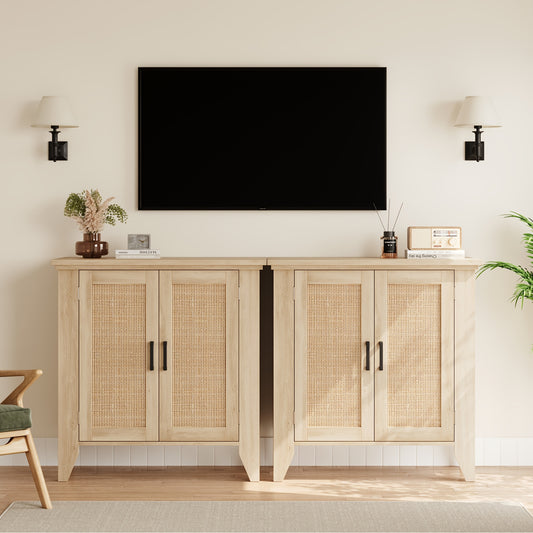 Dressoir – Sideboard – Kast – Opbergkast – Buffetkast – Set Van 2 – Natuurlijke Eikenhout Afwerking – Compact 76x40x80 cm Met Rattan Elementen