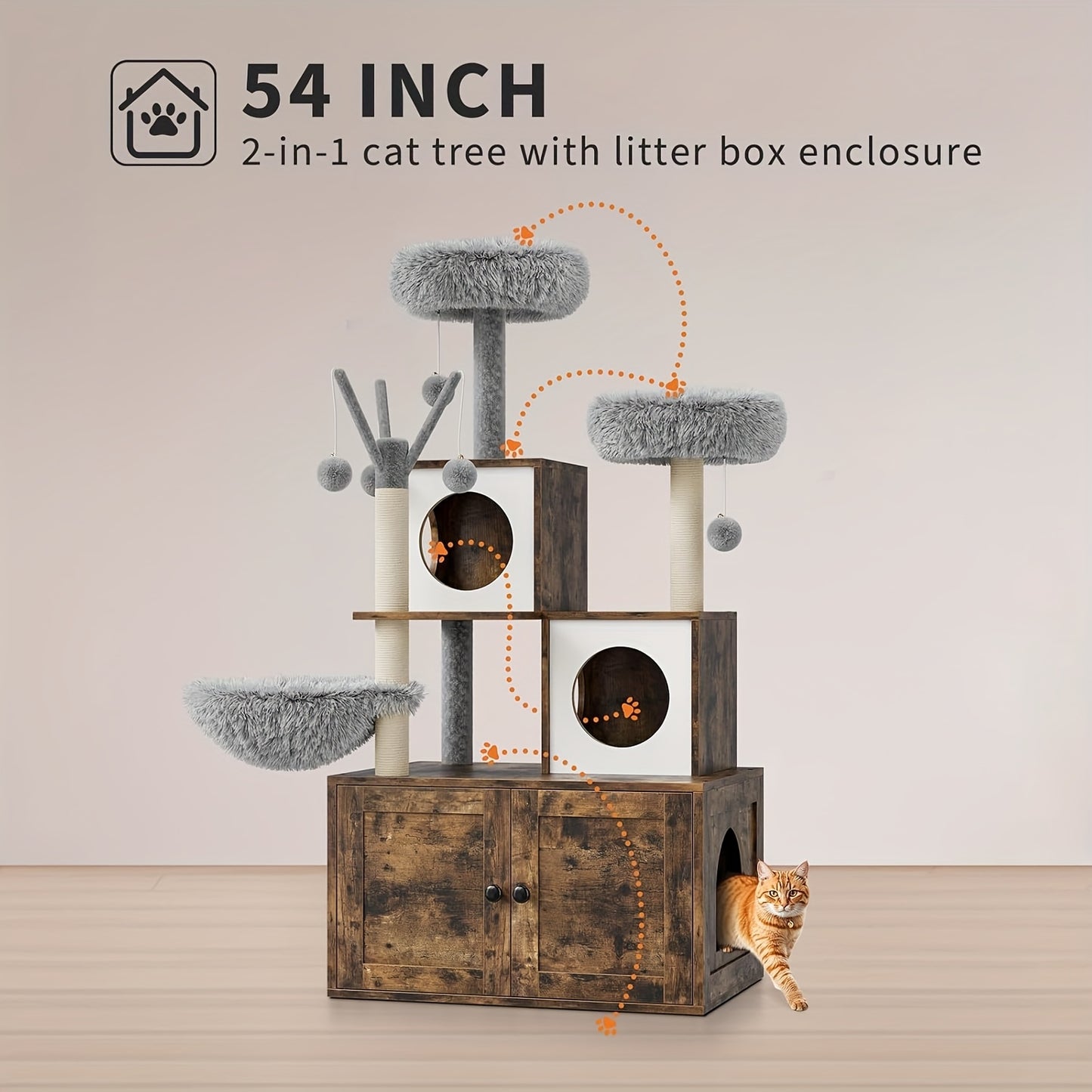 3-in-1 Kattenhuis – Kattenkrabpaal – Kattenboom – Kattenhuisje – Kattenverblijf – Multifunctioneel Design – Sisal Krabpalen & Verwijderbare Pompons – Houtkleurige Plush Afwerking – Voor Kleine en Middelgrote Katten