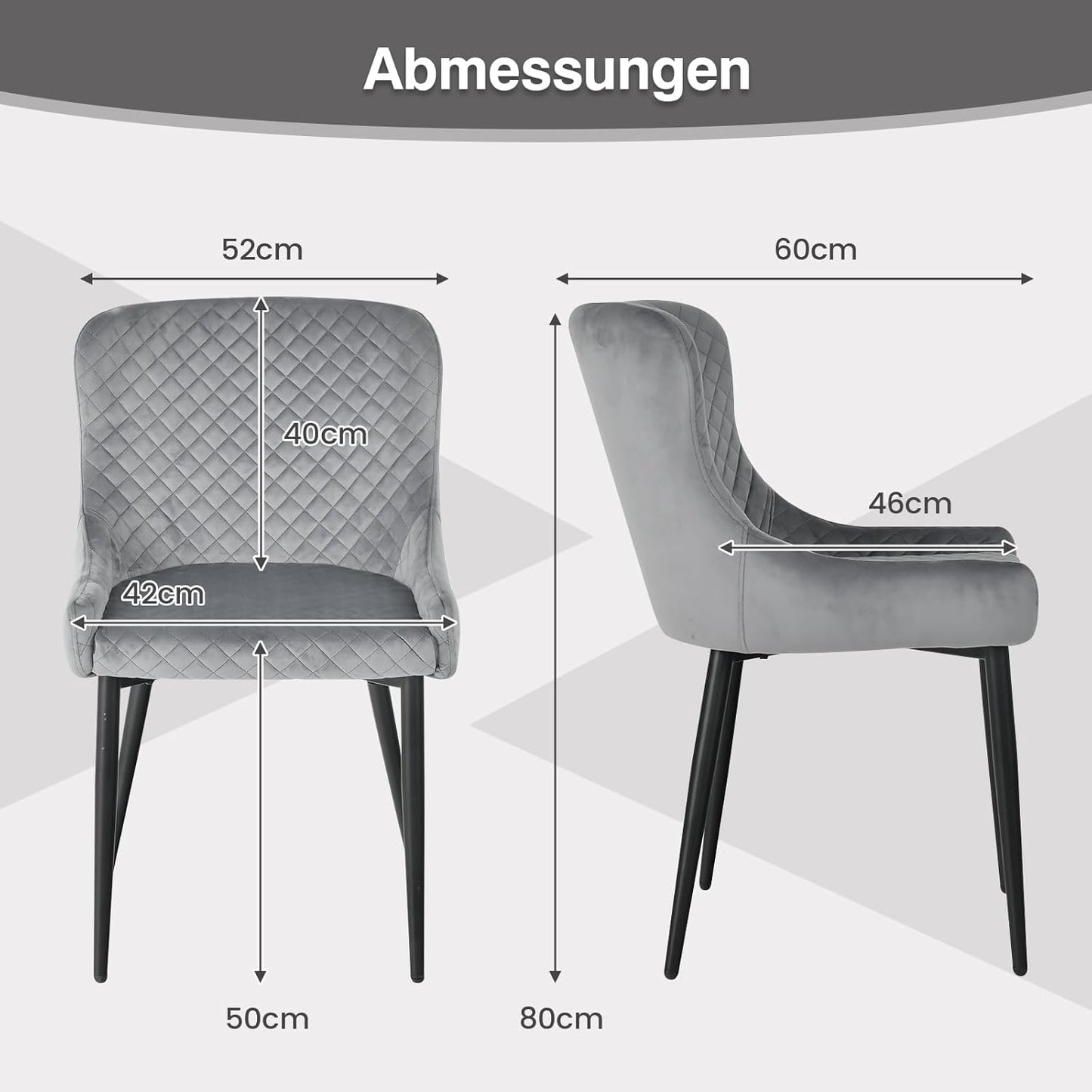 Eetkamerstoel – Stoel – Kuipstoel – Draaistoel – Keukenstoel – Grijs Velvet – Metalen Poten – 60x52x80 cm – Max 150 kg Belastbaar