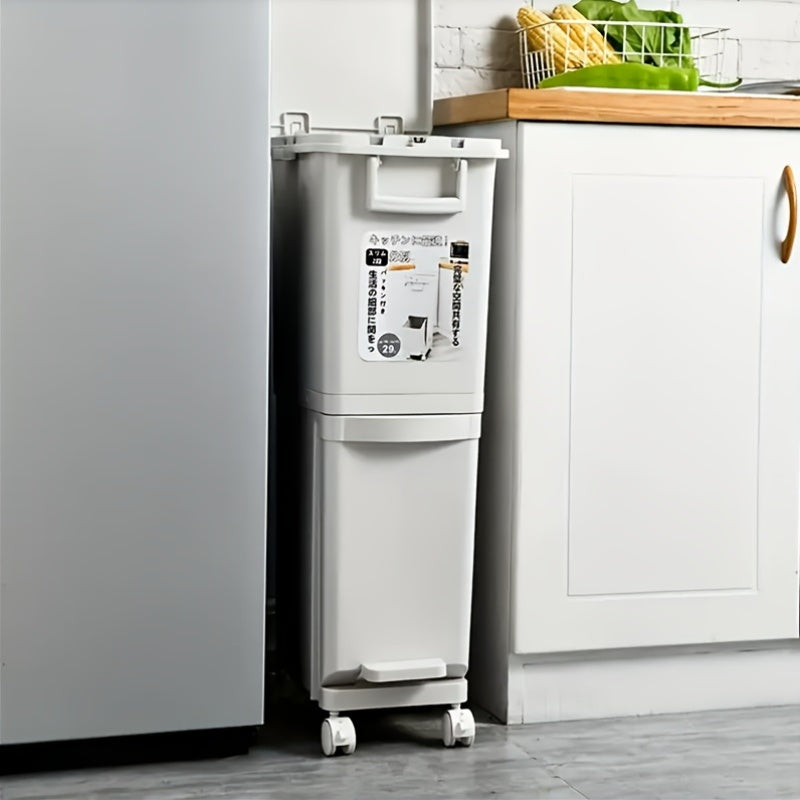 32L Large Capacity Heavy-Duty Plastic Kitchen Trash Can with Double-Layer Dry/Wet Separation, Odor-Sealing Lid & Step-Top Operation - Modern Rectangular Bin with Glossy Finish, Space-Saving Design, 3-Tier No Bend Design, Whee