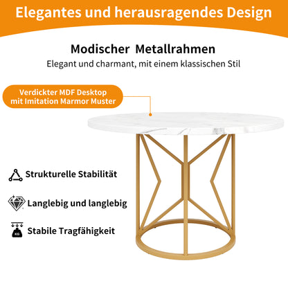 BTM Round Dining Table (100×100×76 cm), Modern Marble-Look MDF Table with Geometric Metal Legs, Kitchen Table for 4–6 People, Round Living Room Table, Sturdy Dining Table, White/Black