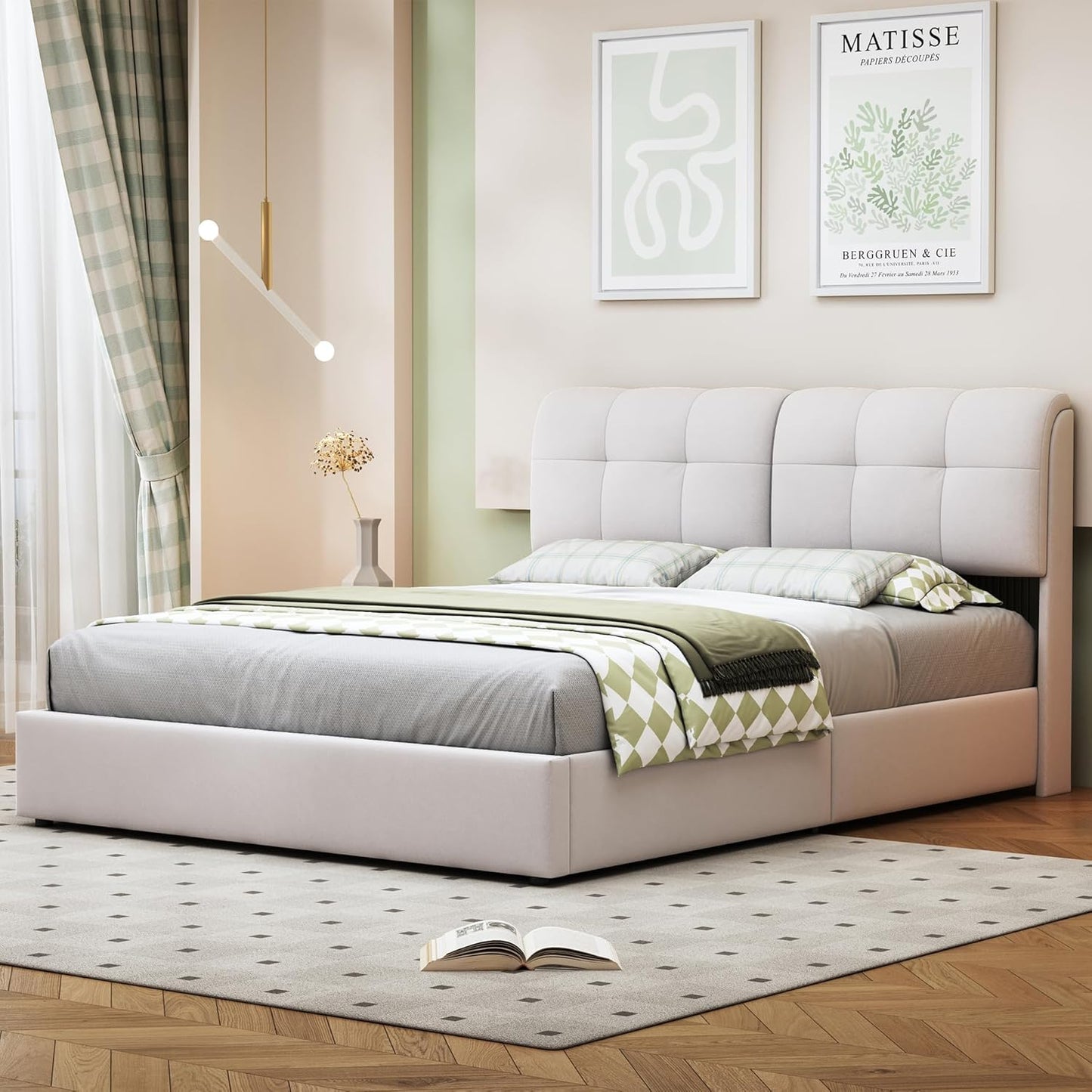 YCZ Storage Bed, Bed Frame with Slats, LED Double Bed, Bed Frame, Headboard, Velvet Fabric, Modern Style, Beige And White (Beige And White)