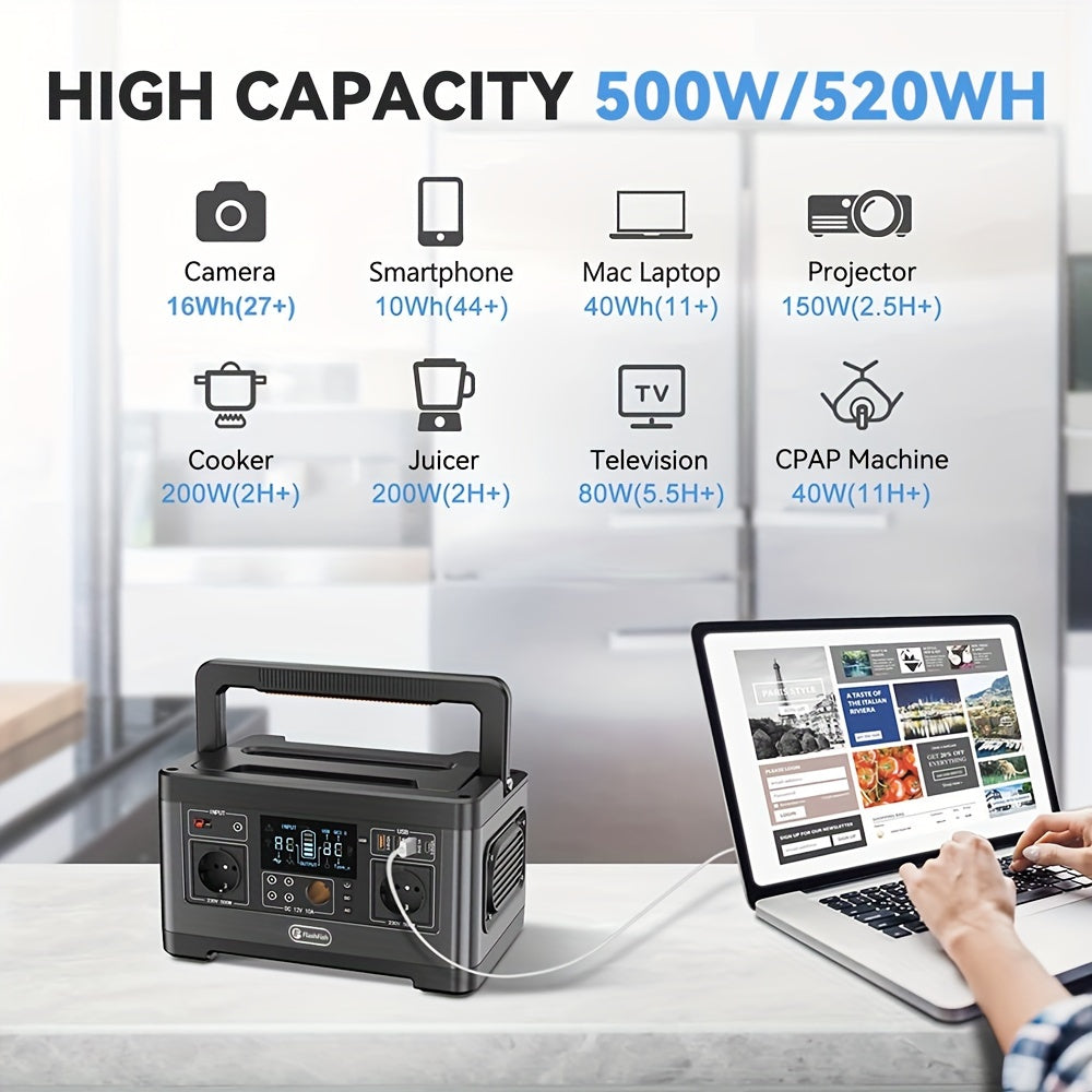 Powerstation – Draagbare Generator – Mobiele Stroomvoorziening – Power Bank – Noodstroom – 520Wh Lithium Batterij – 5 AC Stopcontacten & 4 USB Poorten
