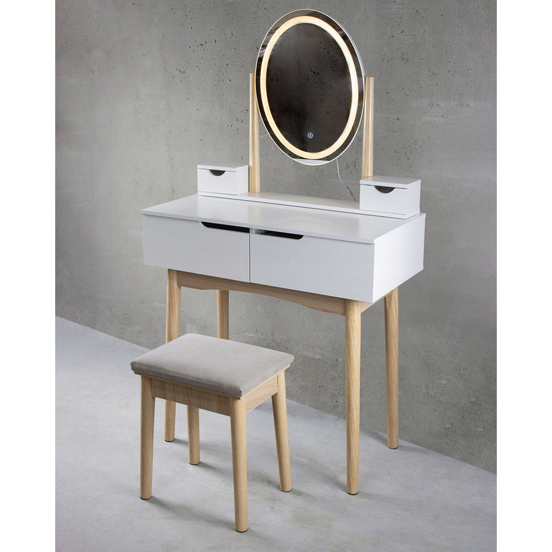 Kaptafel – Make-uptafel – Toilette – Schminktisch – Schoonheidstafel – LED-Verlichte Spiegel – 4 Lades – Mat Wit Met Beuken Hout