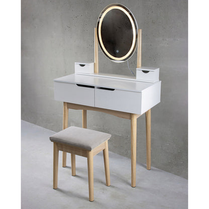 Kaptafel – Make-uptafel – Toilette – Schminktisch – Schoonheidstafel – LED-Verlichte Spiegel – 4 Lades – Mat Wit Met Beuken Hout