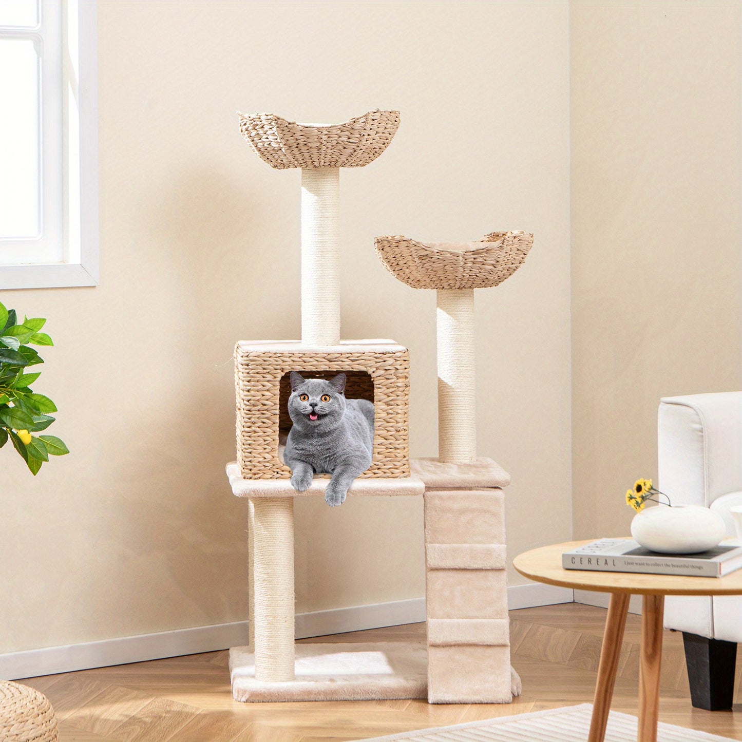 Kattenboom – Krabpaal – Klimpaal – Kattenmeubel – Katzenhuis – Natuurlijk Sisaltouw – Handgevlochten Cat-Tail – Wasbare Kussens – 60x48x122 cm – Stevige Constructie