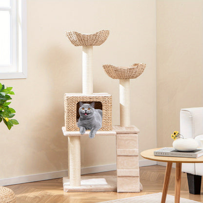 Kattenboom – Krabpaal – Klimpaal – Kattenmeubel – Katzenhuis – Natuurlijk Sisaltouw – Handgevlochten Cat-Tail – Wasbare Kussens – 60x48x122 cm – Stevige Constructie