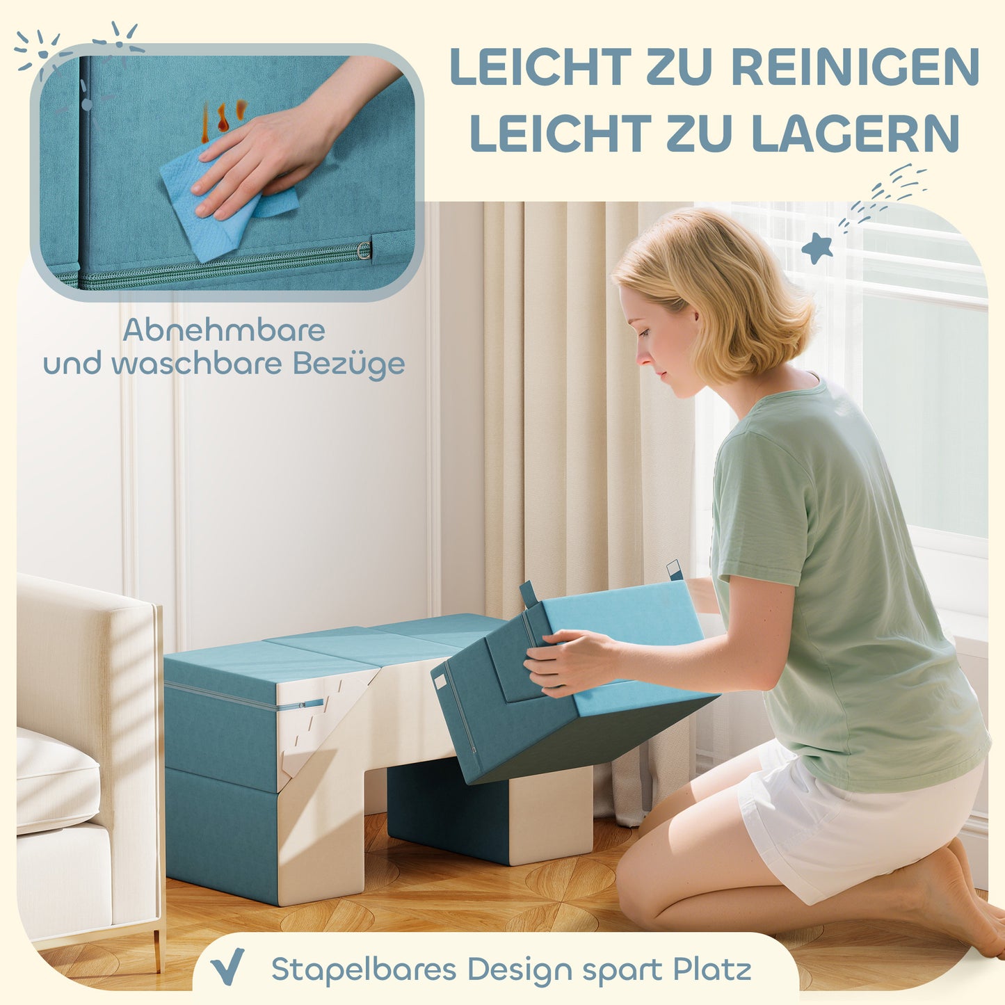 Zachte Bouwblokken – Speelblokken – Klimblokken – Stapelblokken – Speelset – Voor Kleuters Blauw – Veilig Kunstleer & Schuim – Licht & Opvouwbaar