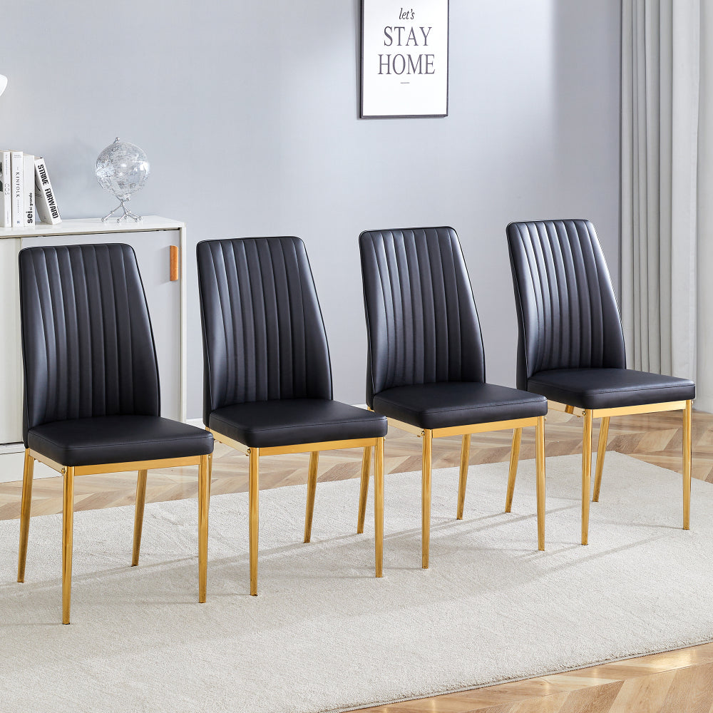 4pcs Stylish Black Dining Chair Set | Golden Metal Legs and Black PU Leather, Modern Style, Solid Back, Wipe Clean Care