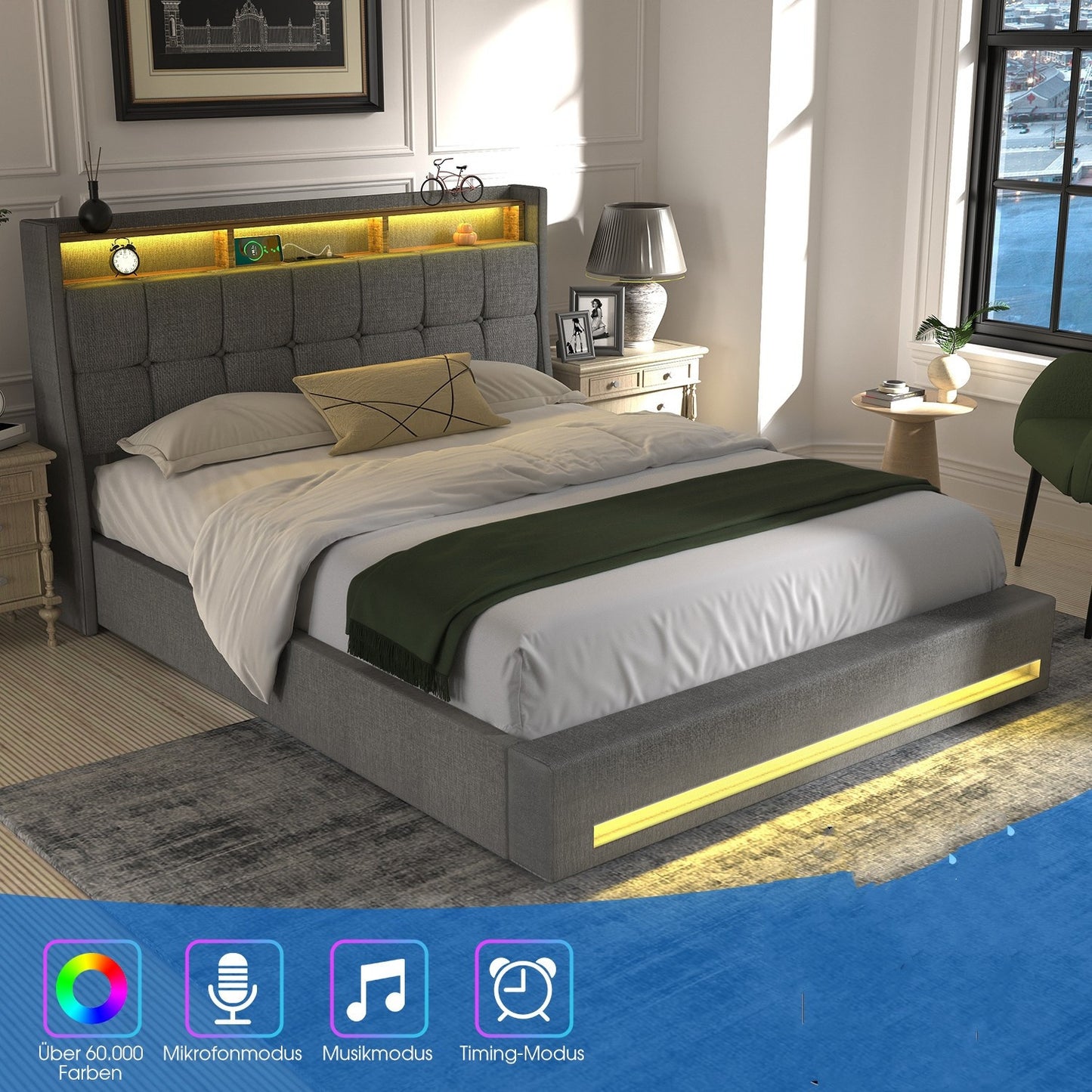 Tweepersoonsbed Frame 160x200 cm met Onderbed Opbergruimte – Modern Platformbed met USB LED, Verstelbare Hoogte (26 cm), Grijs Gestoffeerd Hoofdeinde & Voetbord
