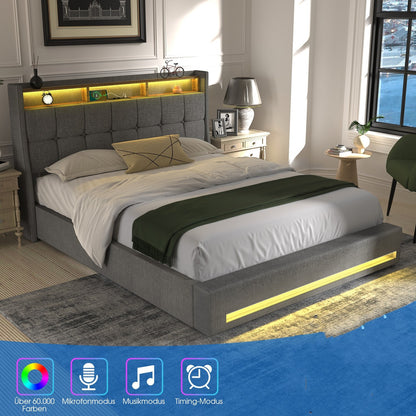 Tweepersoonsbed Frame 160x200 cm met Onderbed Opbergruimte – Modern Platformbed met USB LED, Verstelbare Hoogte (26 cm), Grijs Gestoffeerd Hoofdeinde & Voetbord