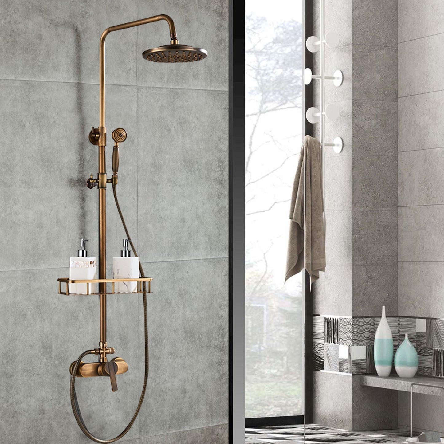 Douchekraan – Douchemengkraan – Douchekraan Thermostatisch – Doucheset – Regendouche – Antieke Messing Afwerking – Messing Materiaal – Verstelbare Douchebuis 75-120 cm