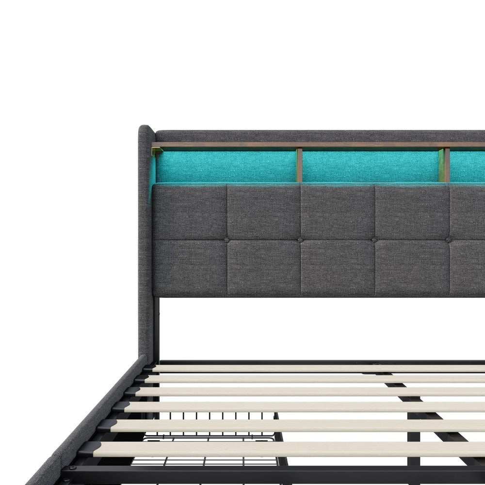 Tweepersoonsbed – Bedframe – Boxspring – Ledikant – Opbergbed – 160 x 200 cm – Fluwelen Bekleding – USB Oplaadfunctie Met LED-verlichting