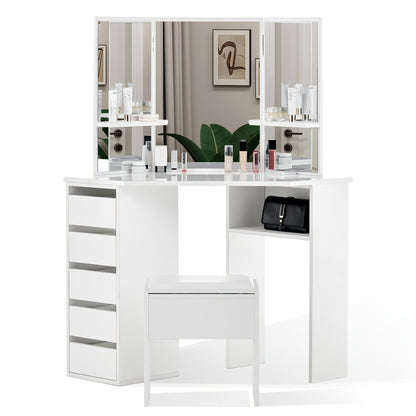 Hoek Make-uptafel – Make-uptafel – Kaptafel – Schminktafel – Toillet tafel – Wit Design – 5 Lades & 3 Spiegels – Inclusief Kruk