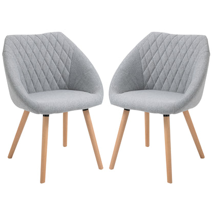 HOMCOM Set of 2 Dining Chairs Scandinavian Design - Tapered Legs Beech Wood - Seat Backrest Armrests Ergonomic Linen Grey