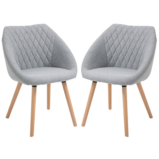 HOMCOM Set of 2 Dining Chairs Scandinavian Design - Tapered Legs Beech Wood - Seat Backrest Armrests Ergonomic Linen Grey