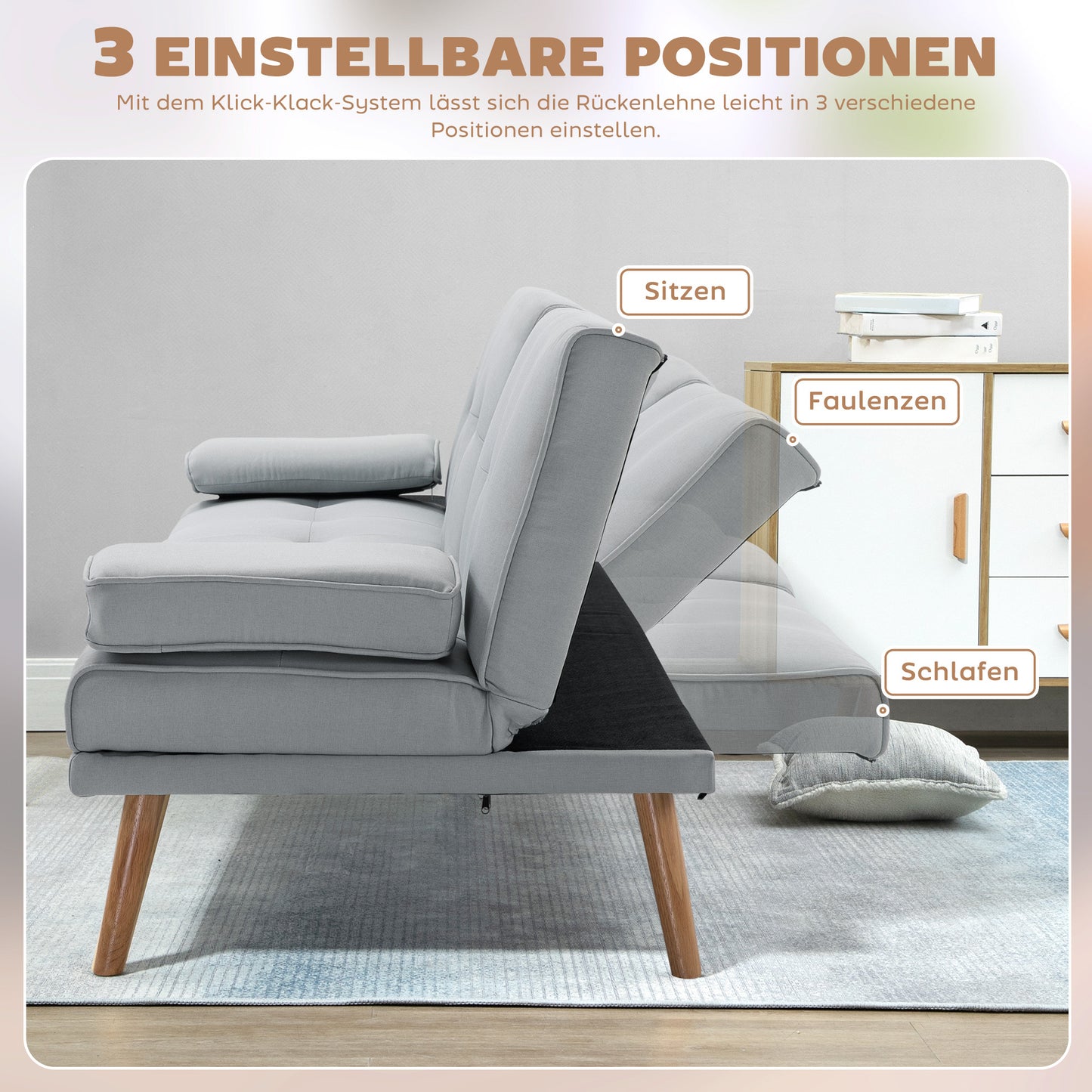 Bankbed – Slaapbank – Bedbank – 3-Zits Sofa – Sofa Bed – Linnenlook Stof – Inklapbare Tafel Met Bekerhouders – Verstelbare Rugleuning – Max. Belastbaar 250 Kg – Lichtgrijs