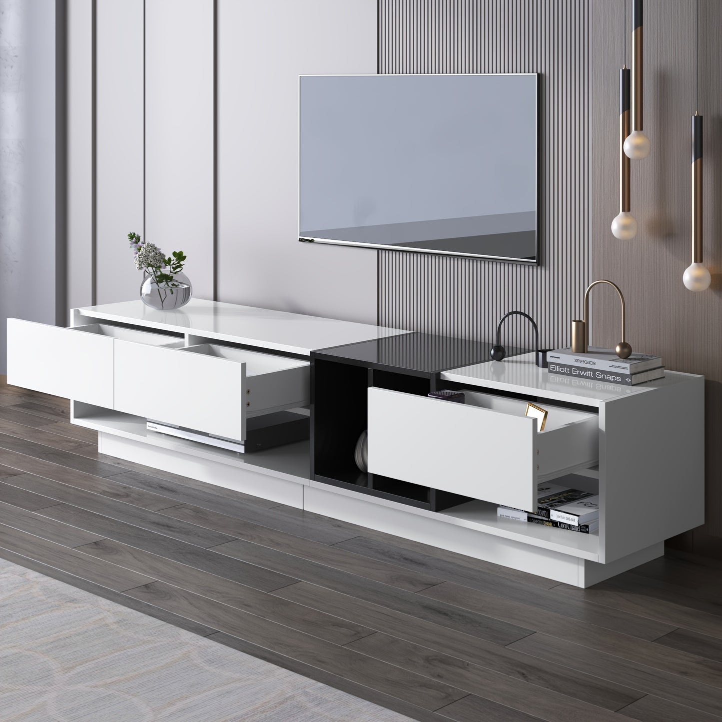 TV Cabinet, Entertainment Cabinet, Low Cabinet, White and Black High Gloss Combination. Colour blocking design, drawers, compartments, multiple storage spaces, 190*40*34 cm