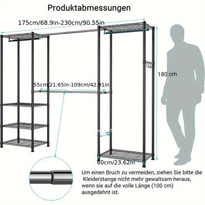 Metal Clothes Hanger, 230 * 35 * 180cm, Heavy-duty Storage Rack, 19 Tube Extendable Metal Wardrobe Rack, Black Metal Clothes Hanger, Height Adjustable Rack Clothes Hanger, Load-bearing Capacity Up To 394kg
