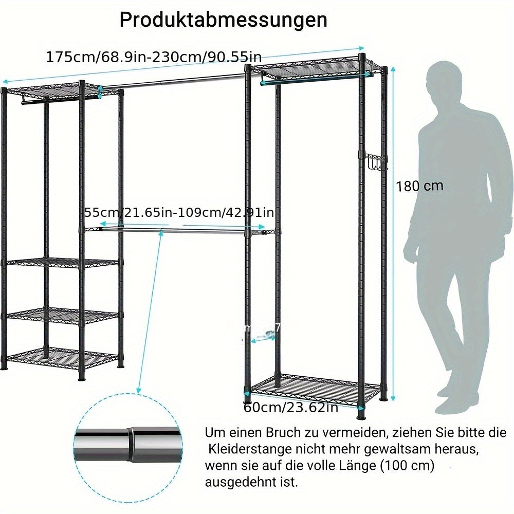 Kledingrek – Garderoberek – Kledinghanger – Opbergrek – Kledingstang – Verstelbaar 175-230 cm – Gepoedercoat Carbonstaal – Max. Draaggewicht 394 kg