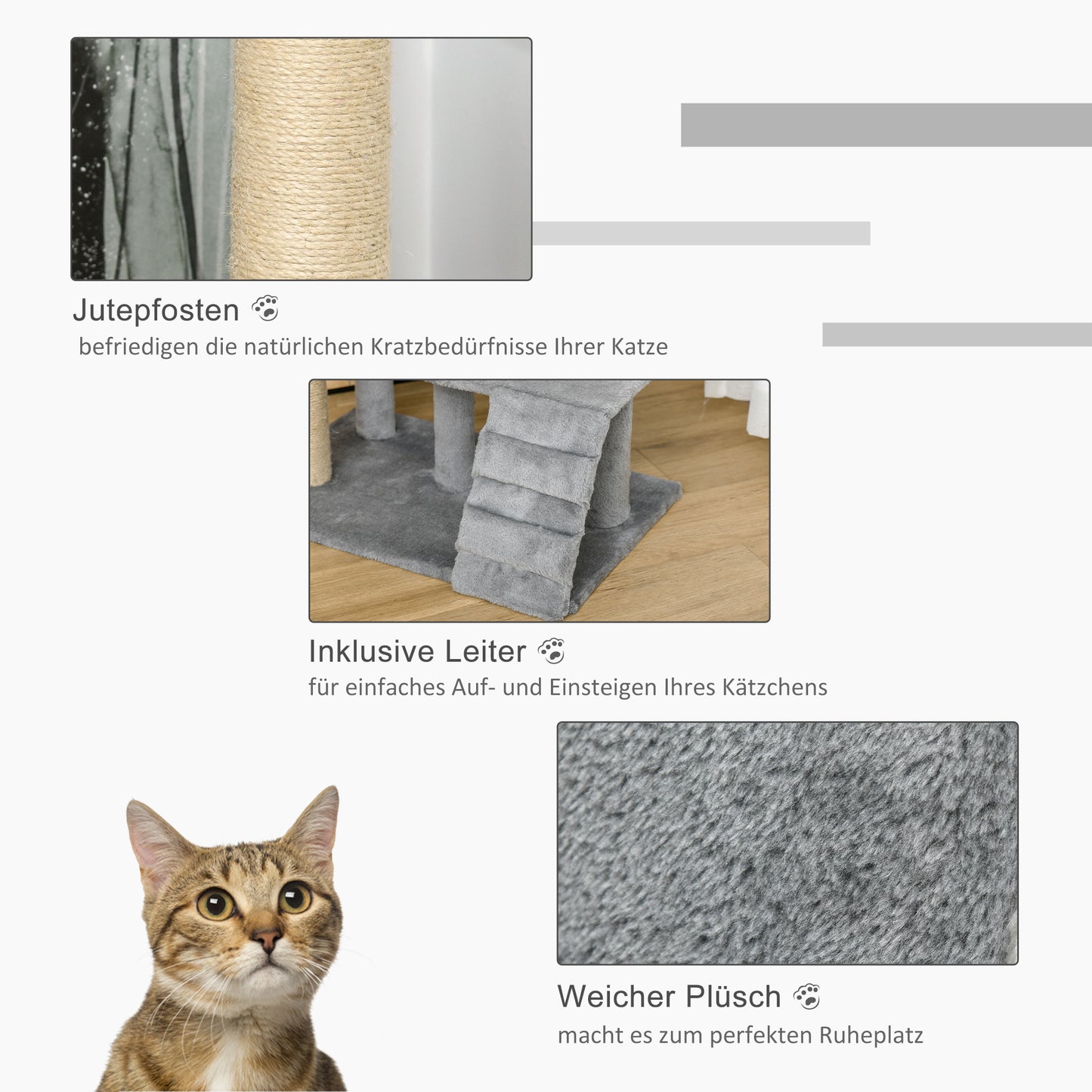 Krabpaal – Krabboom – Kattenmeubel – Klimpaal – Kattenpaal – Lichtgrijs – 100 cm Hoog – Jute Bekleed & Kattenhol Met Ladder